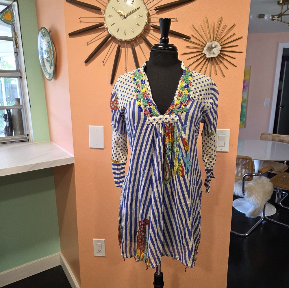 Positano By Jean Paul Small Blue & Cream Beaded Embellished V-Neck Tunic Top - Picture 12 of 16